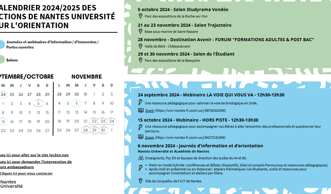 CALENDRIER 2024/2025 DES ACTIONS DE NANTES UNIVERSITÉ SUR L’ORIENTATION